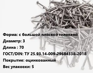 Гвоздь с большой плоской головкой 3х70 ГОСТ: ТУ 25.93.14-009-29684338-2018 оцинкованный 5